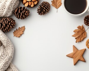 Fototapeta premium A cozy arrangement of pinecones, dried leaves, a wooden star, and a cup of coffee, evoking a warm, autumnal atmosphere.