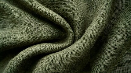 green woven fabric showing intricate texture and patterns formed by folds.