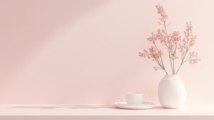 Soft Pink Background With Delicate Blooming Branches in a Vase Casting Gentle Shadows, Creating a Serene Atmosphere in a Well-Lit Setting