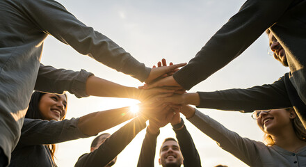Diverse Group of People Stacking Hands Together in Sunlight Demonstrating Teamwork and Unity Against a Sky Background