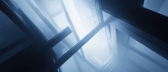 Abstract geometric composition with blue hues and ethereal light creating a modern and futuristic architectural design