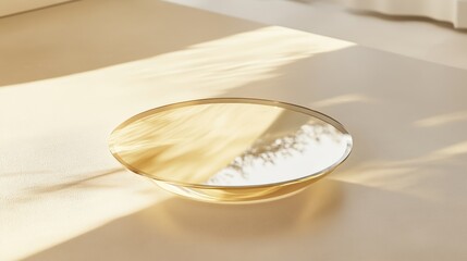 Elegant Round Golden Tray Placed on Soft Textured Surface Capturing Warm Light During the Afternoon