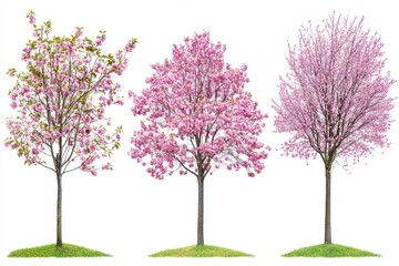 Obraz premium Trio of Cherry Blossom Trees in Full Bloom Against a Bright White Background Showcasing Springtime Beauty and Floral Elegance in a Serene Outdoor Setting