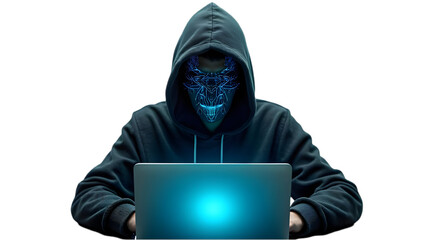 A hooded figure with a glowing mask sits in front of a laptop in a dark environment setting isolated over PNG transparent background