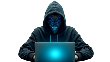 A hooded figure with a glowing mask sits in front of a laptop in a dark environment setting isolated over PNG transparent background