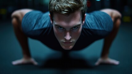 A focused young man performs a push-up in a dimly lit gym, showcasing strength and determination.
