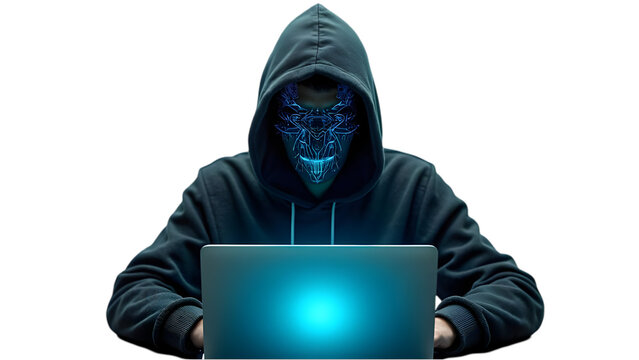 A hooded figure with a glowing mask sits in front of a laptop in a dark environment setting isolated over PNG transparent background