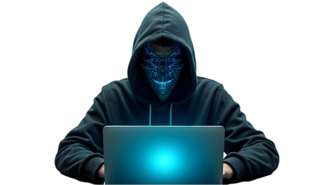 A hooded figure with a glowing mask sits in front of a laptop in a dark environment setting isolated over PNG transparent background