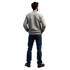 A man standing with his back to the viewer wearing jeans and a gray sweater on a black background isolated over PNG transparent background