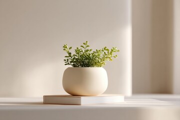 Fototapeta premium clean desk with single potted plant and minimalist notebook bathed in natural light