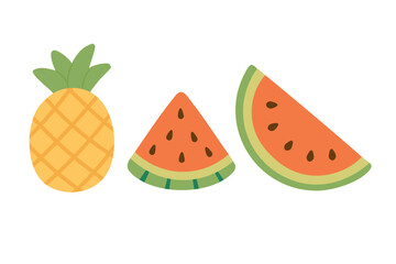 Cute cartoon set of tropical fruits including watermelon slices and pineapple in flat style.