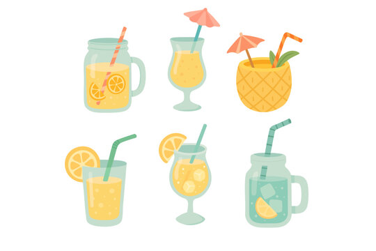 Cute cartoon collection of tropical drinks and cocktails with fruits, straws and ice cubes.