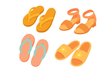 Flat cartoon set of summer footwear including flipflops, sandals and slippers in bright colors.