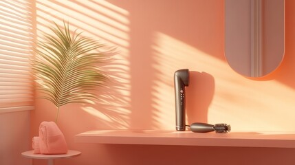 Vibrant Bathroom Vanity Setup Featuring a White Hair Dryer on a Pink Table Near a Round Mirror and Decorative Elements in Soft Morning Light