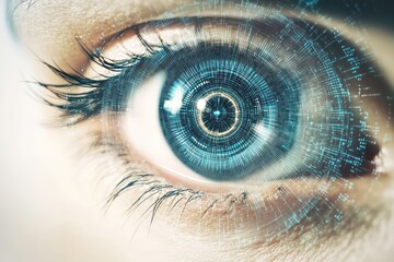 An eye icon with secure data stream patterns around, symbolizing surveillance.