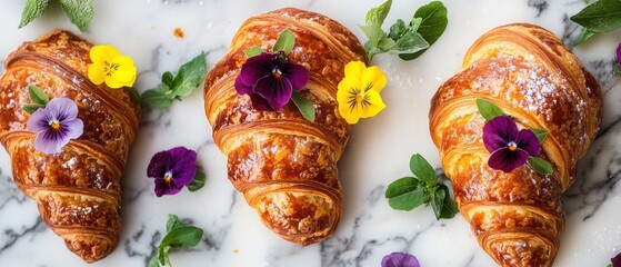 Golden croissants adorned with vibrant edible flowers on a marble surface a delightful culinary scene for breakfast or pastry shop promotion