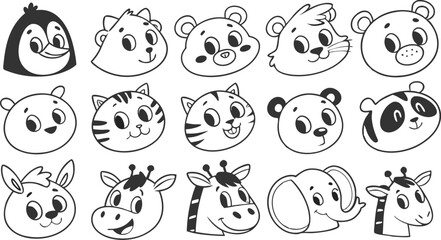Cute doodle animal face line art.
Set with doodle face animals isolated on white background cute nursery collection illustration vector