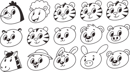 Cute doodle animal face line art.
Set with doodle face animals isolated on white background cute nursery collection illustration vector