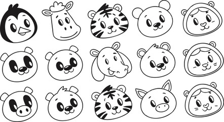 Cute doodle animal face line art.
Set with doodle face animals isolated on white background cute nursery collection illustration vector
