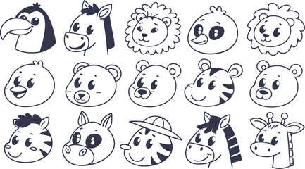 Cute doodle animal face line art.
Set with doodle face animals isolated on white background cute nursery collection illustration vector