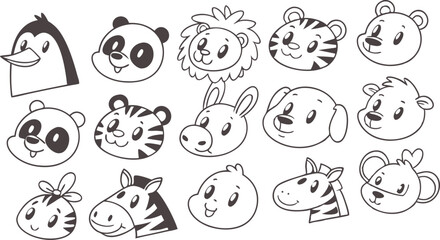 Cute doodle animal face line art.
Set with doodle face animals isolated on white background cute nursery collection illustration vector