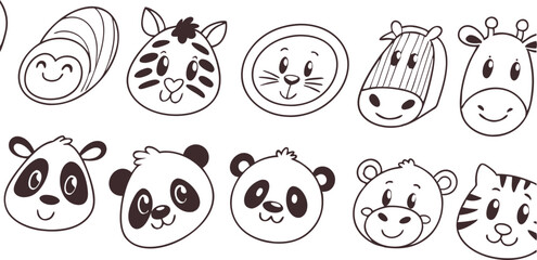 Cute doodle animal face line art.
Set with doodle face animals isolated on white background cute nursery collection illustration vector