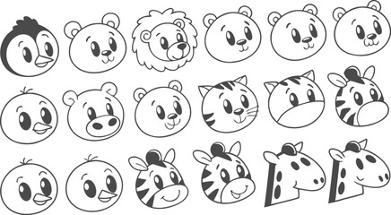 Cute doodle animal face line art.
Set with doodle face animals isolated on white background cute nursery collection illustration vector