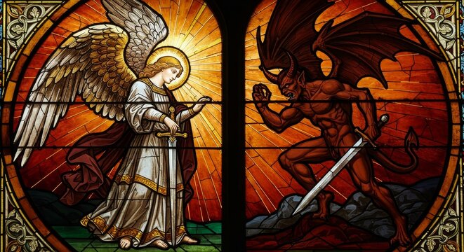 Angelic and Demonic Glass Art: A Divine Showdown - A stained-glass artwork depicting an angel and a demon in a confrontation, symbolizing good versus evil, faith versus doubt, light versus darkness
