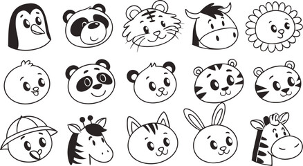 Cute doodle animal face line art.
Set with doodle face animals isolated on white background cute nursery collection illustration vector
