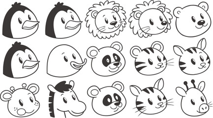 Cute doodle animal face line art.
Set with doodle face animals isolated on white background cute nursery collection illustration vector