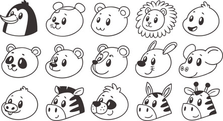 Fototapeta premium Cute doodle animal face line art. Set with doodle face animals isolated on white background cute nursery collection illustration vector