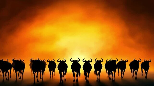 Breathtaking herd of wildebeest migrating across a vast plain, illuminated by a stunning golden sky. Nature's raw beauty!
