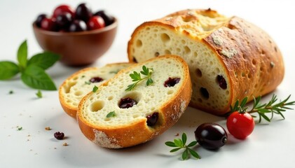 Rustic Italian bread, olives, cheese on white , plate, food, clean