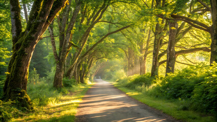 Obraz premium Sunlit nature path Pacific northwest tree lined sunny dappled nature path