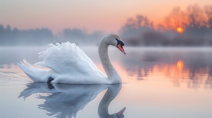 A graceful swan gliding across a mirror like lake at dawn