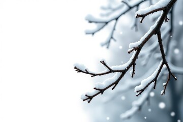 Isolated tree branches with a few scattered snowflakes on white, frosty, isolated, tree branches