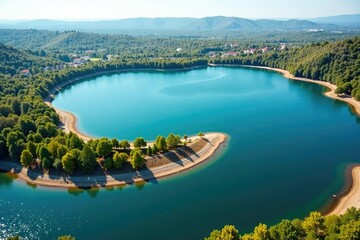 Fototapeta premium Irregular shaped lake with meandering shoreline, trees, meandering