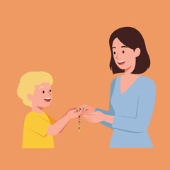 Fototapeta premium Mother and child sharing a colorful bracelet in flat vector art
