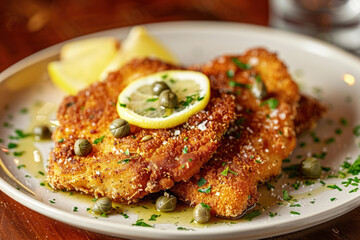 Crispy Golden Deep-Fried Cauliflower Steak with Lemon and Capers on White Plate