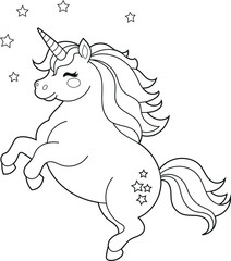 Illustration of a cute baby unicorn cartoon character. Black and white Printable Unicorn coloring page for kids, Bold and Easy Coloring Sheet
