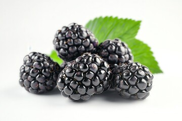 A photorealistic close-up of blackberries, their glossy fruit surfaces glistening with vibrant,