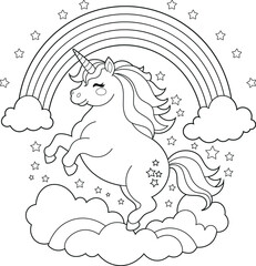 Illustration of a cute baby unicorn cartoon character. Black and white Printable Unicorn coloring page for kids, Bold and Easy Coloring Sheet
