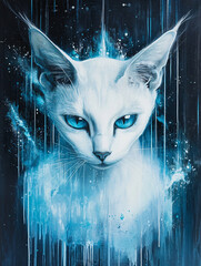 Abstract Digital Art White Cat Headshot with Cosmic Blue Tones and Glowing Eyes