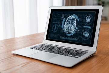 Medical science technology and futuristic healthcare virtual computer software analyze human health...