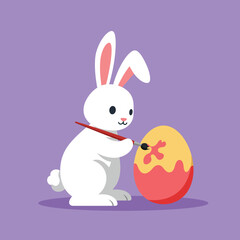 Fototapeta premium Cute white bunny painting a colorful egg in flat vector art style