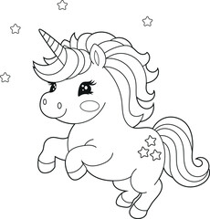 Illustration of a cute baby unicorn cartoon character. Black and white Printable Unicorn coloring page for kids, Bold and Easy Coloring Sheet
