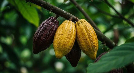 Cacao Pods on Branch - Ripe cacao pods hanging from a branch, showcasing the variation in color from yellow to brown