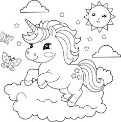 Illustration of a cute baby unicorn cartoon character. Black and white Printable Unicorn coloring page for kids, Bold and Easy Coloring Sheet
