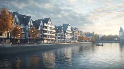 Naklejka premium Modern Waterfront Homes Along a Calm River at Sunset Showcasing Elegant Architecture and Serene Landscaping