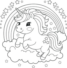 Illustration of a cute baby unicorn cartoon character. Black and white Printable Unicorn coloring page for kids, Bold and Easy Coloring Sheet
